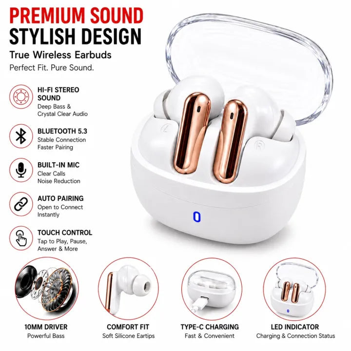 M04 Earbuds with HD Sound, Noise Cancelling Mic, Type-C Fast Charging, Long Battery Life, Waterproof Sports & Gaming Headset